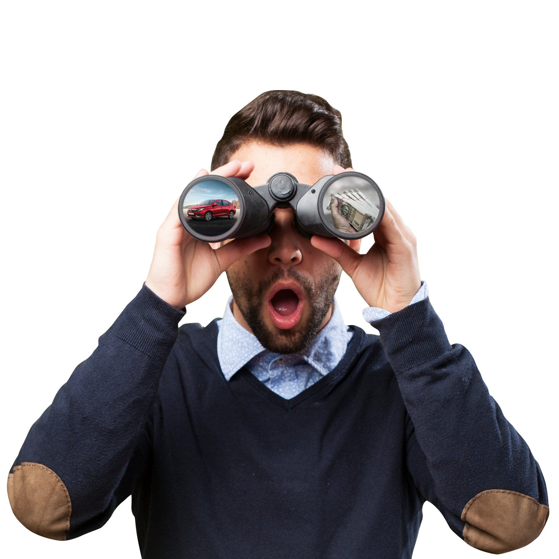 Man with binoculars looking at financial opportunities